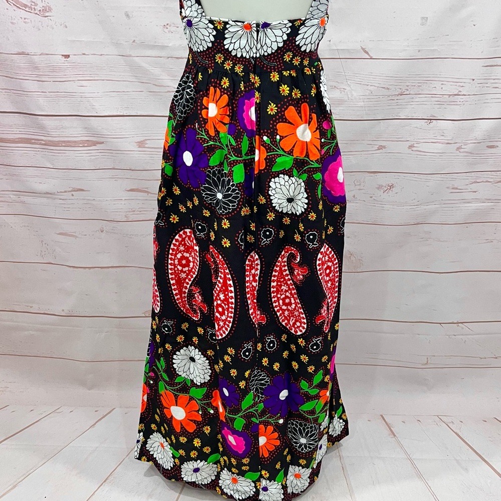 Vintage Bright Retro Neon 60’s Mod Floral Paisley Overall Backless Maxi Dress - Picture 8 of 12